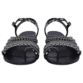 Chanel-Chanel 2015 Tweed Chain-Link Sandals in Black Leather-Black
