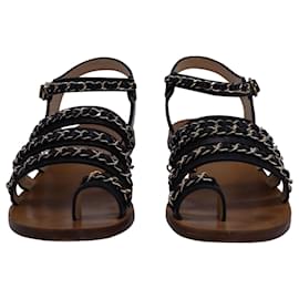 Chanel-Chanel CC Chain Link Strap Sandals in Black Leather-Black