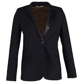 Sandro-Sandro Suit Jacket with Leather Collar in Black Wool-Black