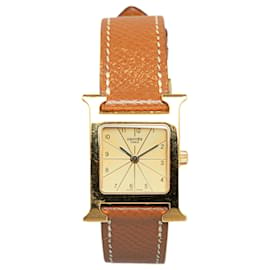 Hermès-Hermès Gold Quartz Stainless Steel and Leather Heure H Watch-Brown,Golden
