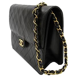 Chanel-Chanel Aba de pele de cordeiro acolchoada clássica quadrada preta preta-Preto