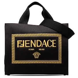 Fendi-Bolsa de compras em tela preta com logotipo Fendi Versace Fendace-Preto