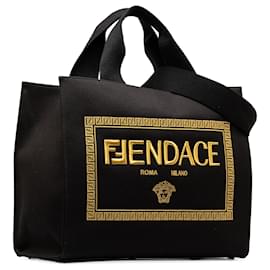 Fendi-Bolsa de compras em tela preta com logotipo Fendi Versace Fendace-Preto