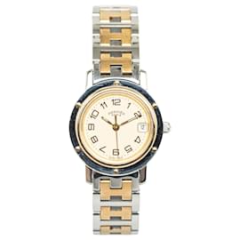 Hermès-Reloj Hermes Clipper de acero inoxidable y cuarzo plateado-Plata,Dorado