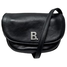 Balenciaga-BALENCIAGA B LOGO CROSSBODY POUCH IN BLACK LEATHER MINI PURSE HANDBAG-Black
