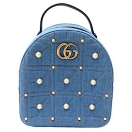 Gucci-NEW GUCCI GG MARMONT BACKPACK 476671 IN DENIM QUILTED JEANS PEARLS BAG-Blue