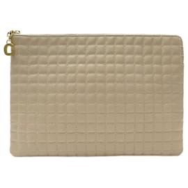 Céline-NEW CELINE C CHARM HAND POUCH BAG 10b813BFL.03ND QUILTED LEATHER POUCH-Beige