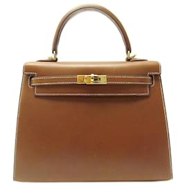 Hermès-Hermès Kelly handbag 25 BARENIA GOLD LEATHER SADDLER & WHITE STITCHING BAG-Camel
