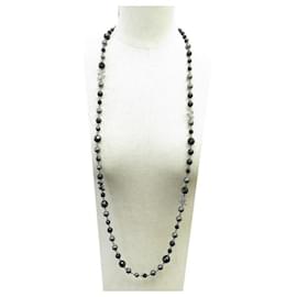 Chanel-CHANEL PEARLS AND CC LOGO NECKLACE NECKLACE 120 CM BLACK METAL STEEL NECKLACE-Black