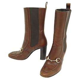 Gucci-GUCCI SHOES MORS ANKLE BOOTS 163415 36.5 BROWN LEATHER BOX HORSEBIT BOOTS-Brown