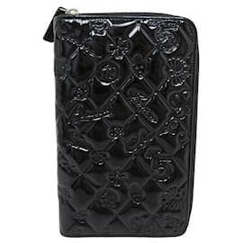 Chanel-CHANEL LONG ZIPPER WALLET LUCKY SYMBOLS QUILTED PATENT LEATHER WALLET-Black