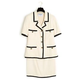 Chanel primi anni '90 Ensemble Giacca FR38 Ecru Black Silk Suit Jacket US8 Crudo