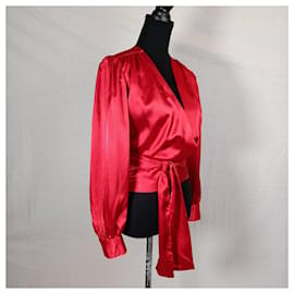 Yves Saint Laurent-Camisa con faja de seda roja de YSL.-Roja