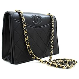 Chanel-CHANEL Bolso de hombro vintage con cadena y solapa completa Piel de cordero acolchada negra-Negro