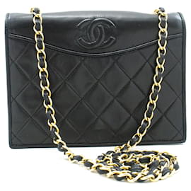 Chanel-CHANEL Bolso de hombro vintage con cadena y solapa completa Piel de cordero acolchada negra-Negro