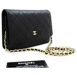 Chanel-CHANEL Portafoglio con caviale su catena WOC Borsa a tracolla nera con tracolla-Nero