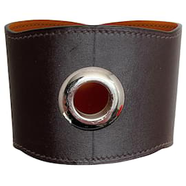 Autre Marque-Hermes Brown Leather Grommet Cuff Bracelet-Brown