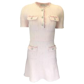 Autre Marque-Self-Portrait Light Pink Embellished Short Sleeved Cotton Knit Dress-Pink