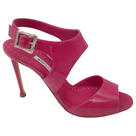 Autre Marque-Manolo Blahnik Raspberry Patent Leather Ankle Strap Sandals-Pink