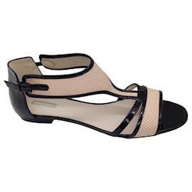 Autre Marque-Giorgio Armani Nude / Black Patent Leather Trimmed Perforated Leather Sandals-Beige