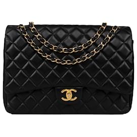 Chanel-Chanel Quilted Lambskin Jumbo Double Flap Crossbody Bag-Black