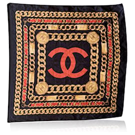 Chanel-Sciarpa di seta vintage nera rossa gialla Logo CC e stampa catena-Nero