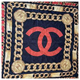 Chanel-Vintage negro rojo amarillo bufanda de seda CC logotipo y estampado de cadena-Negro