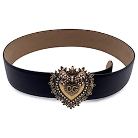 Dolce & Gabbana-Black Leather Devotion Heart Buckle Belt Size 90/36-Black