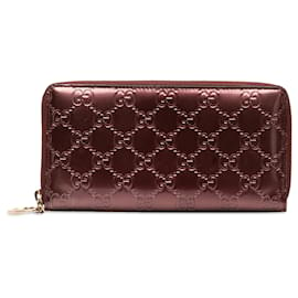 Gucci-Gucci Red Guccissima Patent Zip Around Long Wallet-Red,Dark red