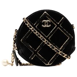 Chanel-Chanel Crossbody redondo com lantejoulas e pérolas de veludo preto-Preto