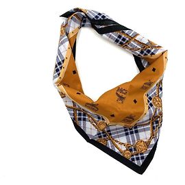 Fazzoletto bandana MCM da donna in cotone cognac blu navy nero stampa logo oro. Cognac