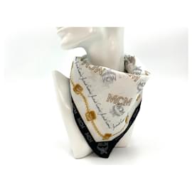 MCM-Pañuelo bandana de mujer MCM, blanco negro, de algodón con estampado de logo dorado.-Blanco