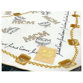 MCM-Fazzoletto bandana MCM da donna, sciarpa in cotone bianco nero con stampa logo oro.-Bianco
