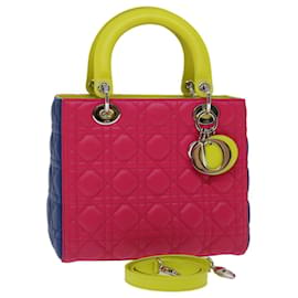 Christian Dior-Christian Dior Lady Dior Canage Hand Bag Lamb Skin Blue Pink Auth 70762S-Pink,Blue