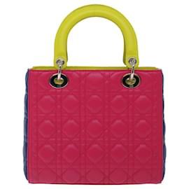 Christian Dior-Christian Dior Lady Dior Canage Hand Bag Lamb Skin Blue Pink Auth 70762S-Pink,Blue