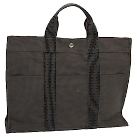 Hermès-HERMES Her Line MM Tote Bag Toile Gris Auth 69370-Marron