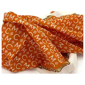 MCM-MCM Bandana Scarf Women Cotton Orange Cream Gold Logo Print-Orange