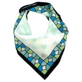 MCM-Fazzoletto bandana MCM da donna, sciarpa in cotone turchese blu verde con stampa del logo.-Turchese