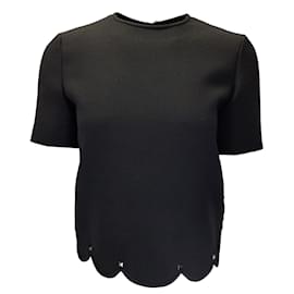 Autre Marque-Valentino Black Rockstud Embellished Scalloped Hem Short Sleeved Wool and Silk Top-Black