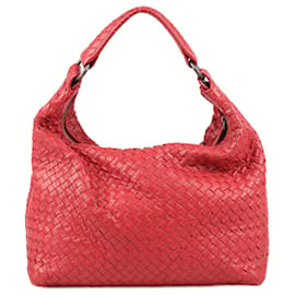Bottega Veneta-Bottega Veneta Intrecciato Hobo Leather Shoulder Bag in Red-Red
