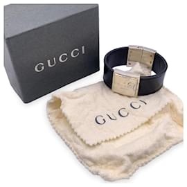 Gucci-Black Leather Sterling Silver 925 Bangle Cuff Bracelet-Black