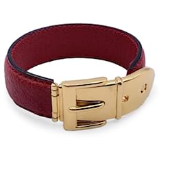 Gucci-Vintage Red Leather Belt Bangle Cuff Bracelet Gold Buckle-Red