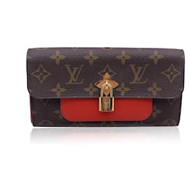 Louis Vuitton-Red Leather Monogram Canvas Flower Lock Long Wallet-Brown
