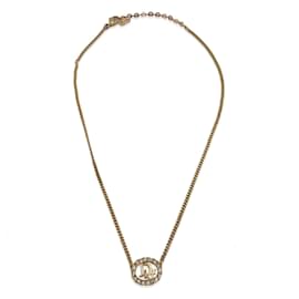 Christian Dior-Gold Metal Dior Oval Logo Crystal Rhinestones Necklace-Golden