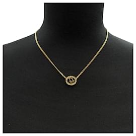 Christian Dior-Gold Metal Dior Oval Logo Crystal Rhinestones Necklace-Golden