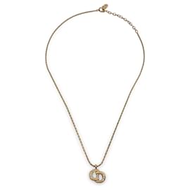 Christian Dior-Vintage Gold Metal Crystal CD Pendant Chain Necklace-Golden