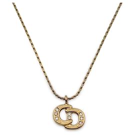 Christian Dior-Vintage Gold Metal Crystal CD Pendant Chain Necklace-Golden