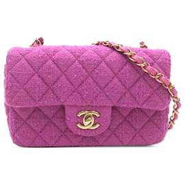 Chanel-Bolsa Chanel Roxa Mini Classic Retangular Tweed com Aba-Roxo