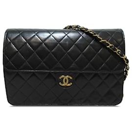 Chanel-Solapa única de piel de cordero acolchada CC negra Chanel-Negro