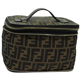 Fendi-FENDI Zucca Canvas Vanity Pouch Marrone Nero Auth 69528-Marrone,Nero